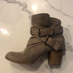 Tan suede bootie with buckled detail